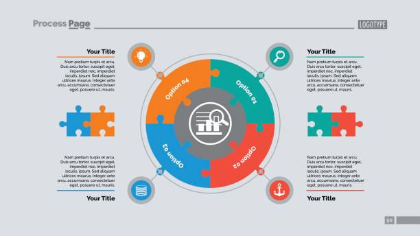 Four Jigsaw Puzzle Elements Slide Template Four jigsaw puzzle elements process chart slide template. Business data. Circle, diagram. Creative concept for infographic, presentation. For topics like quality strategy, planning. circle puzzle stock illustrations