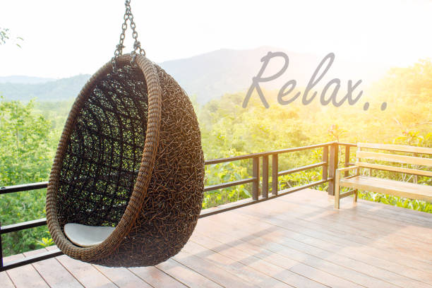 istock rattan lounge hanging chair with white  pillow 667719568