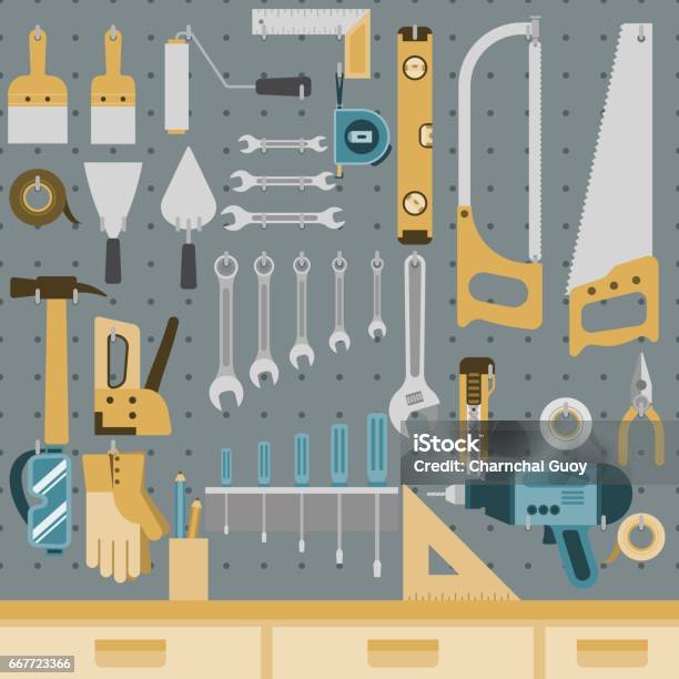 Tools Auf Peg Board Stock Vektor Art und mehr Bilder von Werkzeug - Werkzeug, Bauholz-Brett, Heimwerken