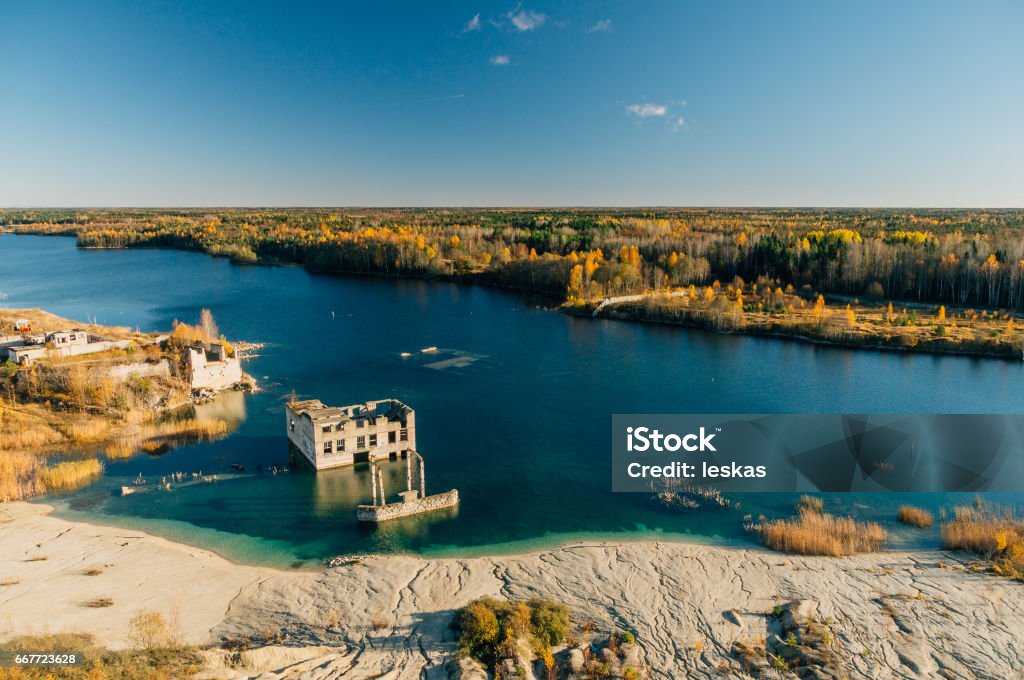 Abandoned Rummu quarry from above view, Harju county Autumn landscape by sunset Estonia Stock Photo