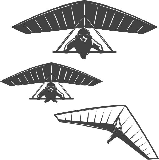 illustrations, cliparts, dessins animés et icônes de ensemble d’icônes deltaplan isolé sur fond blanc. éléments de conception d’étiquette, emblème, signe, marque, logo, affiche. - skydiving parachute hang glider silhouette