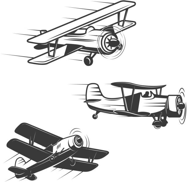 illustrations, cliparts, dessins animés et icônes de ensemble d’icônes d’avion isolé sur fond blanc. éléments pour logo, étiquette, emblème, signe de design. - airplane biplane retro revival old fashioned