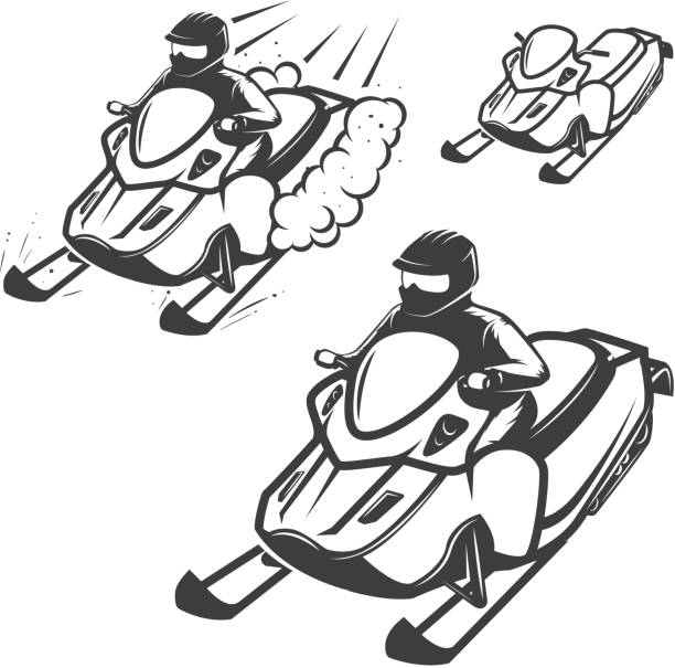 ilustraciones, imágenes clip art, dibujos animados e iconos de stock de conjunto de ilustraciones de moto con conductor aislado sobre fondo blanco. elementos de diseño de logotipo, etiqueta, emblema, señal, marca. - snowmobiling silhouette vector sport