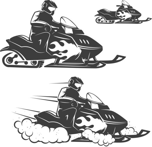 ilustraciones, imágenes clip art, dibujos animados e iconos de stock de conjunto de ilustraciones de moto con conductor aislado sobre fondo blanco. elementos de diseño de logotipo, etiqueta, emblema, señal, marca. - snowmobiling silhouette vector sport