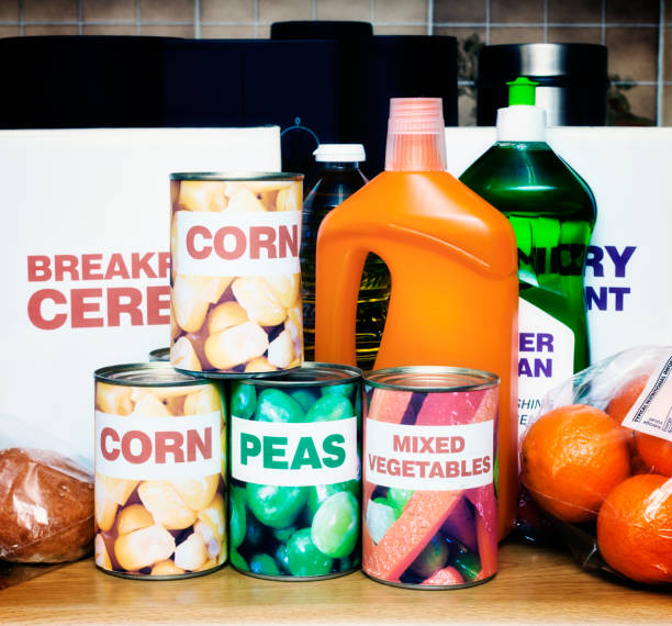 variety of packaged foods and cleaning materials in kitchen - packaged food imagens e fotografias de stock