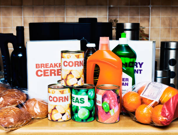 istock Kitchen counter with foods and cleaning materials awaiting unpacking 667730792