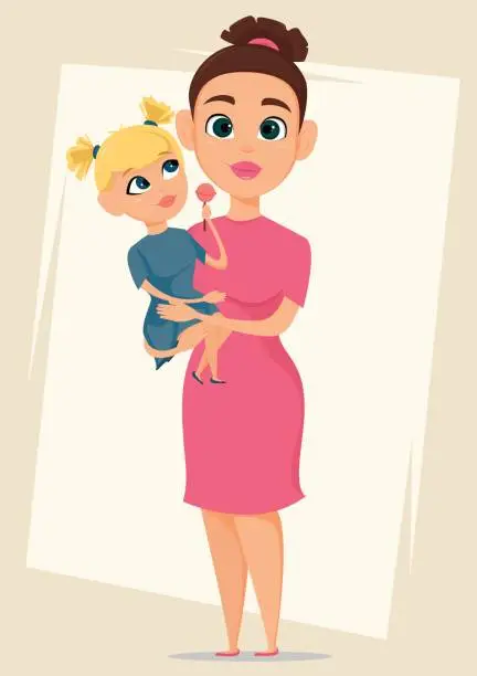 Vector illustration of Happy mother's day greeting card. Mother holding her daughter. Best mom, mum ever cute. Daughter with tasty candy. Mother, Love, Children - stock vector