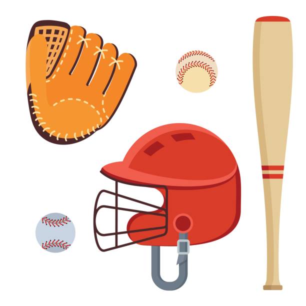 baseball equipment icons Baseball equipment set. Bat, ball, softball gloves, batting helmets. Flat vector cartoon illustration. Objects isolated on a white background. catchers mask stock illustrations