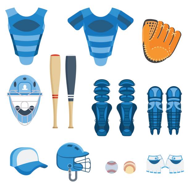 baseball protect equipment Baseball equipment set. Bat, ball, softball gloves, batting helmets, catcher gear and leg guards. Flat vector cartoon illustration. Objects isolated on a white background. catchers mask stock illustrations