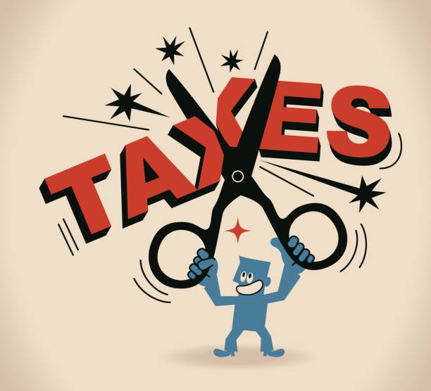 doanh nhân với kéo lớn cắt giảm thuế (cắt giảm thuế) - large cuts hình minh họa sẵn có