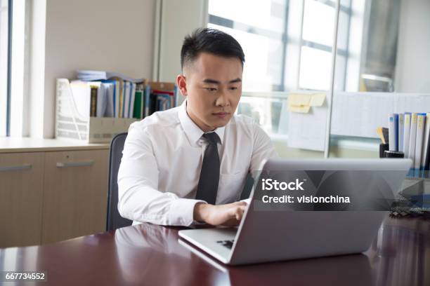 Young Businessman Working At Laptop In Office Stock Photo - Download Image Now - Civil Servant, 20-29 Years, Adult