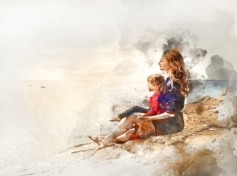 Digital watercolor painting of a mother and daughter sitting on a rock near the sea