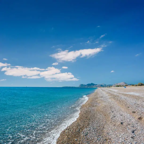 View of Afandou beach towards Lindos on Rhodes, Greece