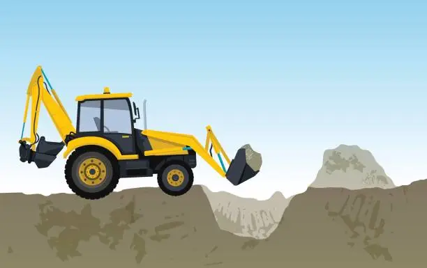 Vector illustration of Yellow big digger builds roads excavating of hole, ground works. Construction machinery and ground works.