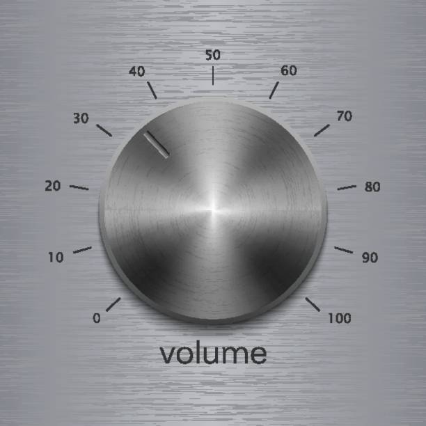 알루미늄 광택 텍스처에 어두운 금속 철강 텍스처와 숫자 규모 사운드 컨트롤 - interface icons volume volume knob stainless steel stock illustrations