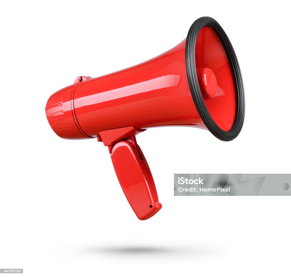 Red megaphone isolated on white background Red megaphone isolated on white background. File contains a path to isolation. Megaphone Stock Photo