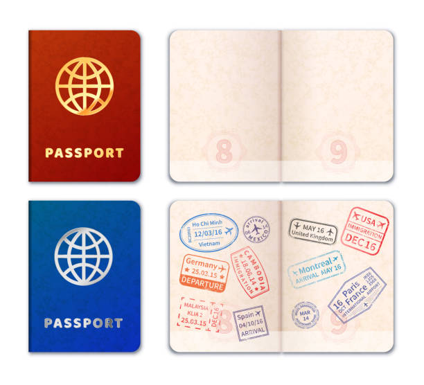 istock Blue and red realistic passport icons with stamp imprints isolated on white 667755118