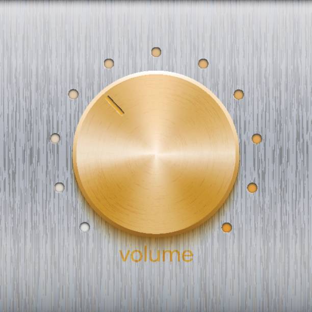 illustrazioni stock, clip art, cartoni animati e icone di tendenza di manopola musicale con texture spazzolata dorata e scala puntino isolata su sfondo texture metallica - interface icons volume volume knob stainless steel