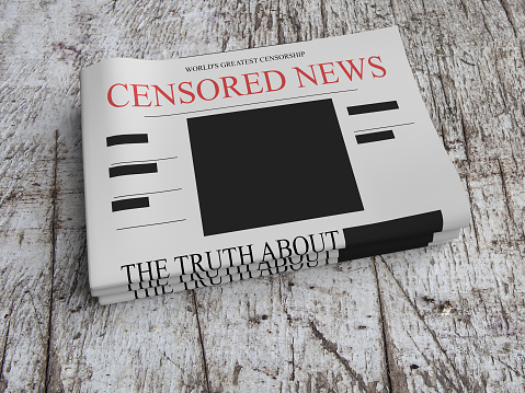 Censorship News Concept: Pile of Censored Newspapers On Scratched Old Wood, 3d illustration
