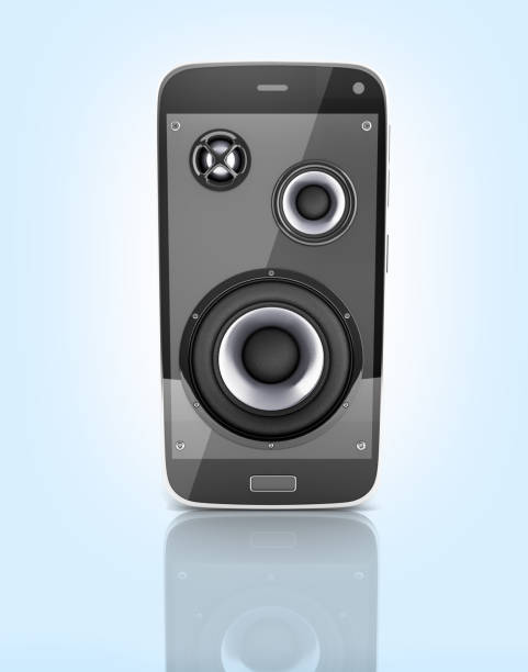 istock Musical smartphone Mobile phone music app Cellphone and loudspeakers with notes on blue gradient background with reflection 3d 667760468