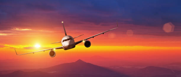 istock Commercial airplane flying above mountains in sunset 667771220