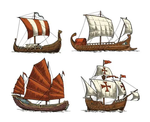 Vector illustration of Trireme, caravel, drakkar, junk. Set sailing ships floating sea waves.