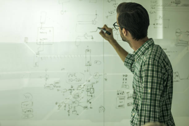 istock Young engineer drawing a diagram on a glass in the office. 667787866