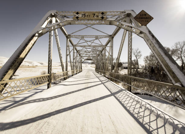 istock Old rusty bridge in the winter over small stream. 667802226