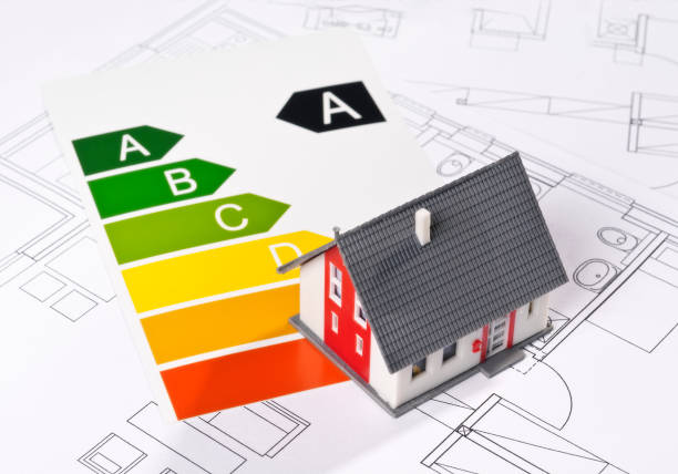 House and energy label Energy label with house and building plans gebäude stock pictures, royalty-free photos & images