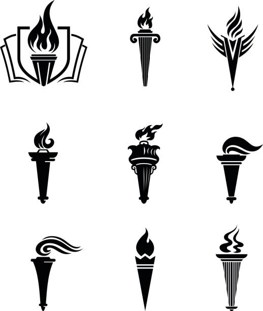 Torch Torch, Set of 9 torch in black and white sport torch stock illustrations