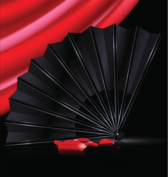 Vector illustration of black fan, red drape and and petals