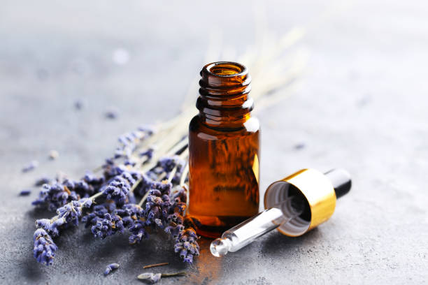istock Lavender oil and flowers on grey table 667824326