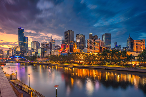 Cityscape image of Melbourne, Australia during dramatic sunset.