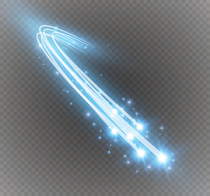 Abstract vector glowing magic star light effect from the neon blur of curved lines. Glittering stars dust trail from the side.flying comet on a transparent background.