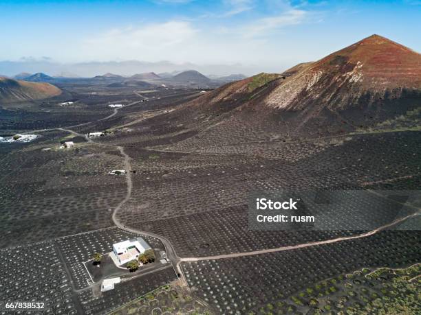 Aerial Panorama Of Wine Valley Of La Geria Lanzarote Canary Islands Spain Stock Photo - Download Image Now