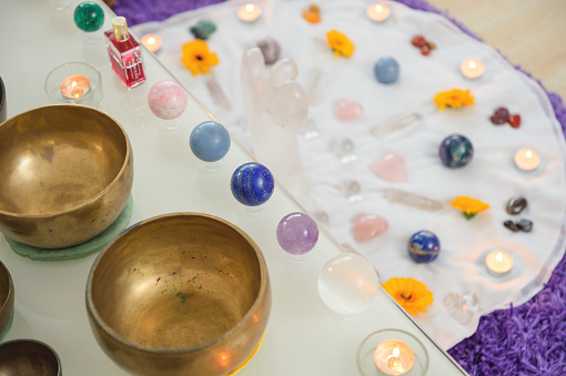 Crystal therapy spheres and bowls, mandala