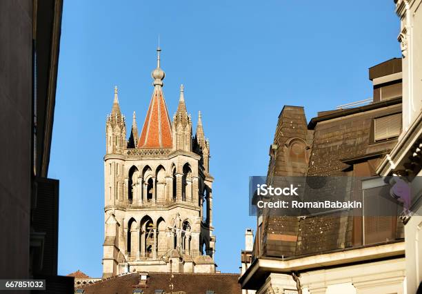 Tower Of Cathedral Of Notre Dame In Lausanne Switzerland Stock Photo - Download Image Now