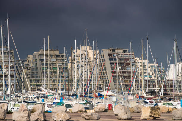 La Grande Motte,France,5 La Grande Motte, France - May 22, 2014:View of the harbor with its architectural features in the background casa in affitto stock pictures, royalty-free photos & images
