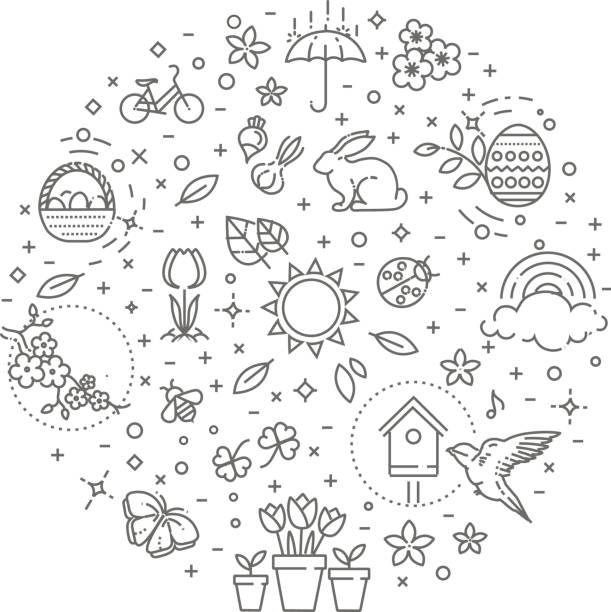 Spring icons set. Spring Garden, Flowers and Gardening Equipment vector set of outline icons spring. Springtime bee water stock illustrations