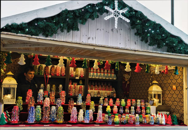 Vilnius, Lithuania - December 4, 2016: Wax candles as gift souvenirs at one of the many stalls on the Christmas Bazaar in Vilnius, Lithuania.