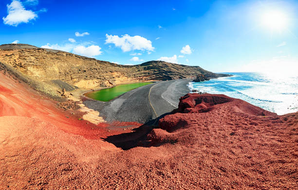 Panorama of Volcanic Lake El Golfo aerial view, Lanzarote, Canary Islands stock photo