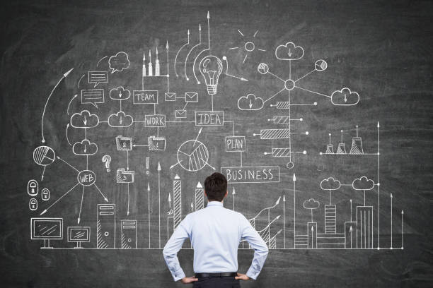 istock Rear view of a man looking at business scheme 667875912