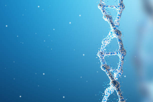 istock Blue vertical DNA chain against blue background 667877924