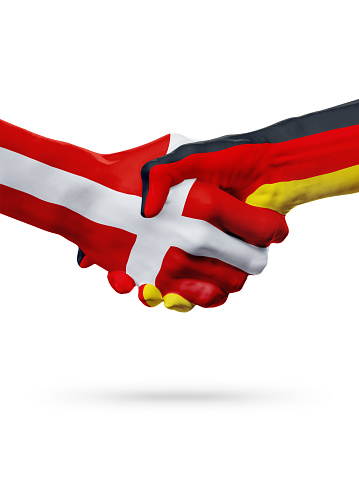 Flags Denmark, Germany countries, handshake cooperation, partnership, friendship or sports team competition concept, isolated on white