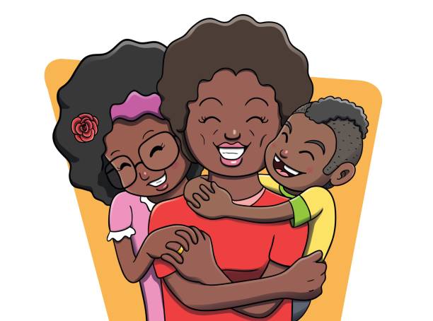 Mother Being Hugged by her Children - Black Family Vector illustration of a mother being hugged by her two children. Vector file contains gradient and transparency effects. Outline and color separated in different layers for easier editing. african american boy drawing stock illustrations