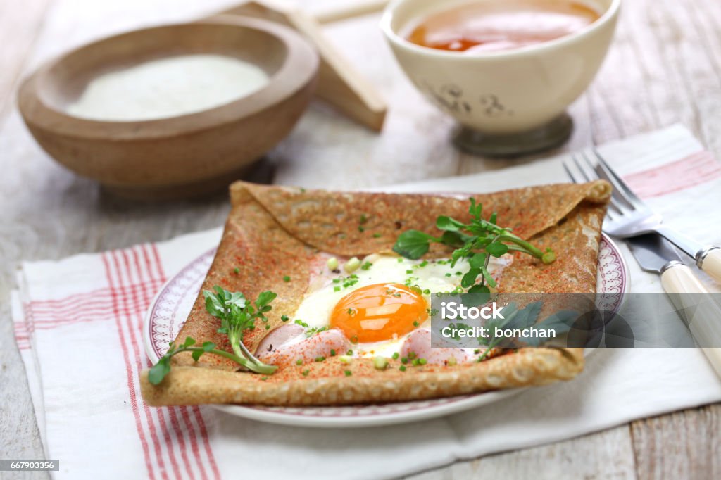 buckwheat patty, buckwheat crepe galette sarrasin, buckwheat crepe, french brittany cuisine Crêpe - Pancake Stock Photo