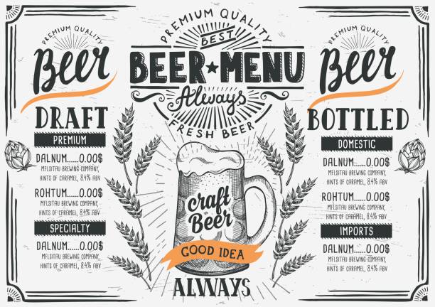 Beer menu restaurant, drink template. Beer menu for restaurant and cafe. Design template with hand-drawn graphic elements in doodle style. pub illustrations stock illustrations
