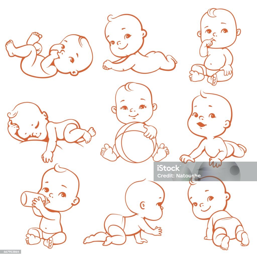 Little baby set Cute little baby girl or boy in diaper. Child in different situations, sleeping, sitting, crawling, eating, playing with ball. Happy newborn. Toddler with bottle of milk. Monochrome lineart vector illustration. Baby - Human Age stock vector