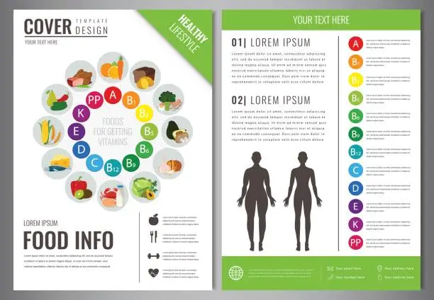 Vector illustration of Healthy Lifestyle Brochure design template. Healthy eating concept. Food and drink. Vector.