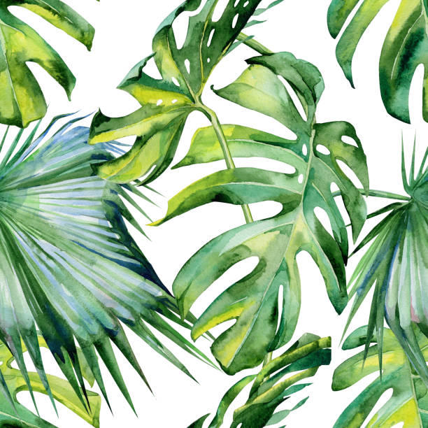 istock Seamless watercolor illustration of tropical leaves, dense jungle. 667973992